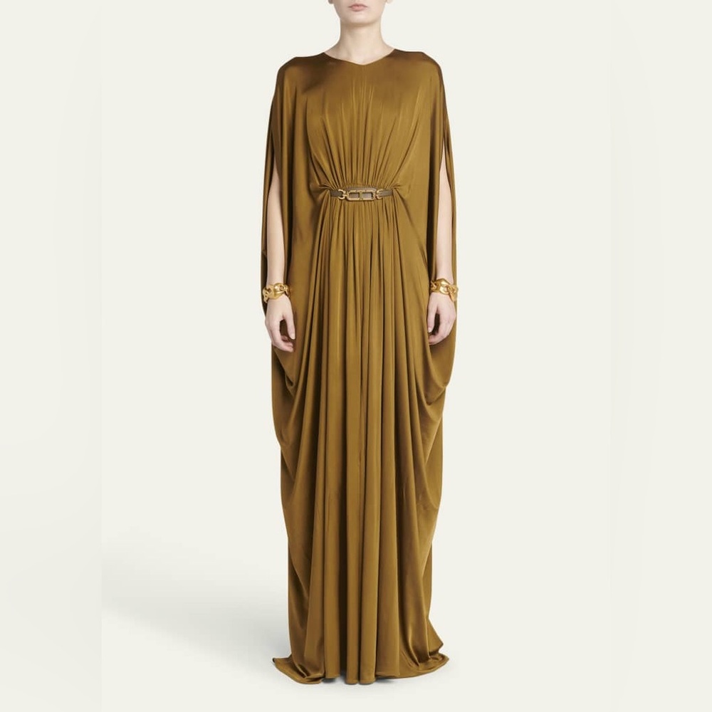 TOM FORD Leather Belted Ruched Caftan Maxi Dress